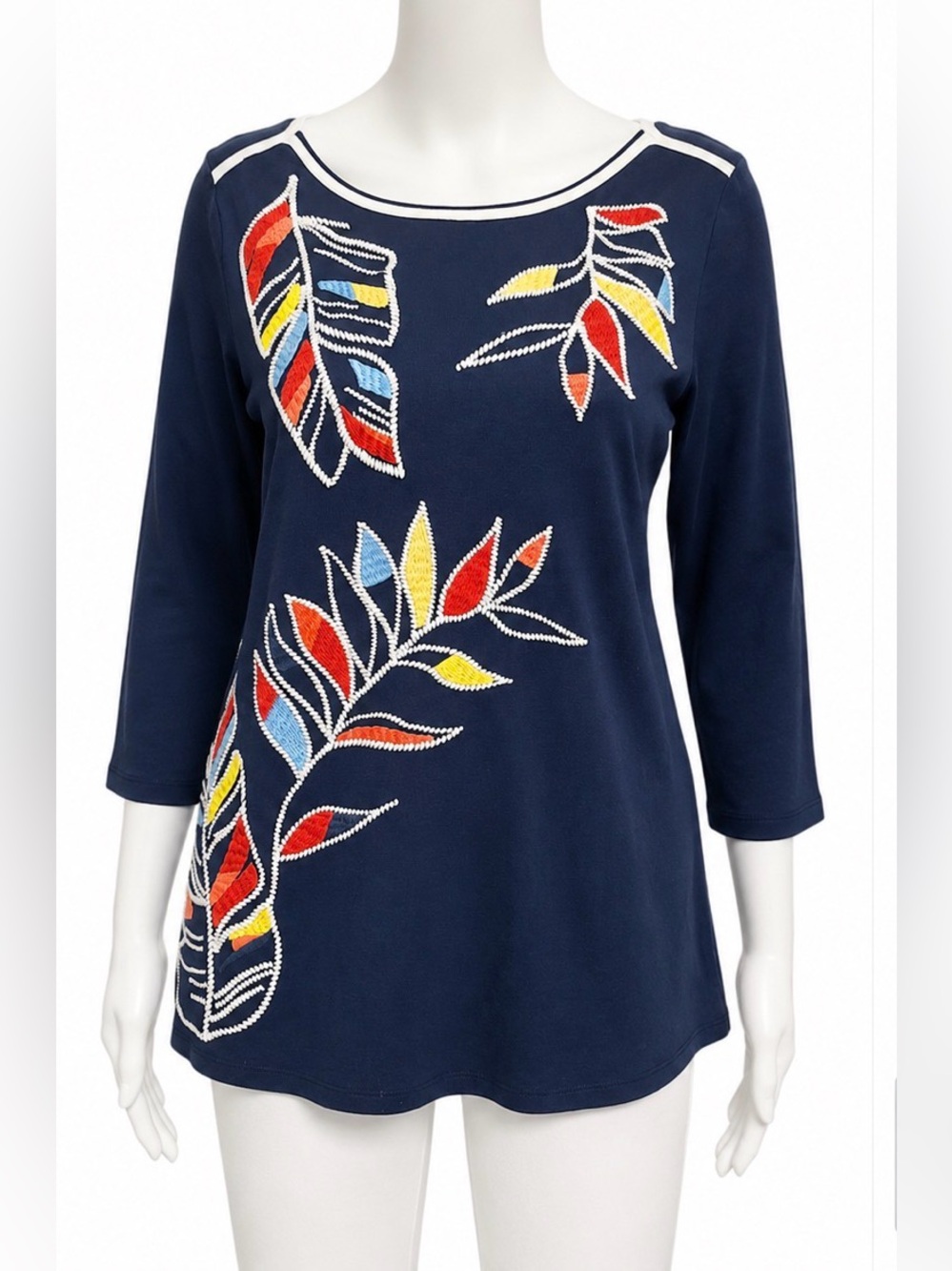 Rafaella tunic navy blue 3/4 sleeve top multicolored embroidered leaves Size M